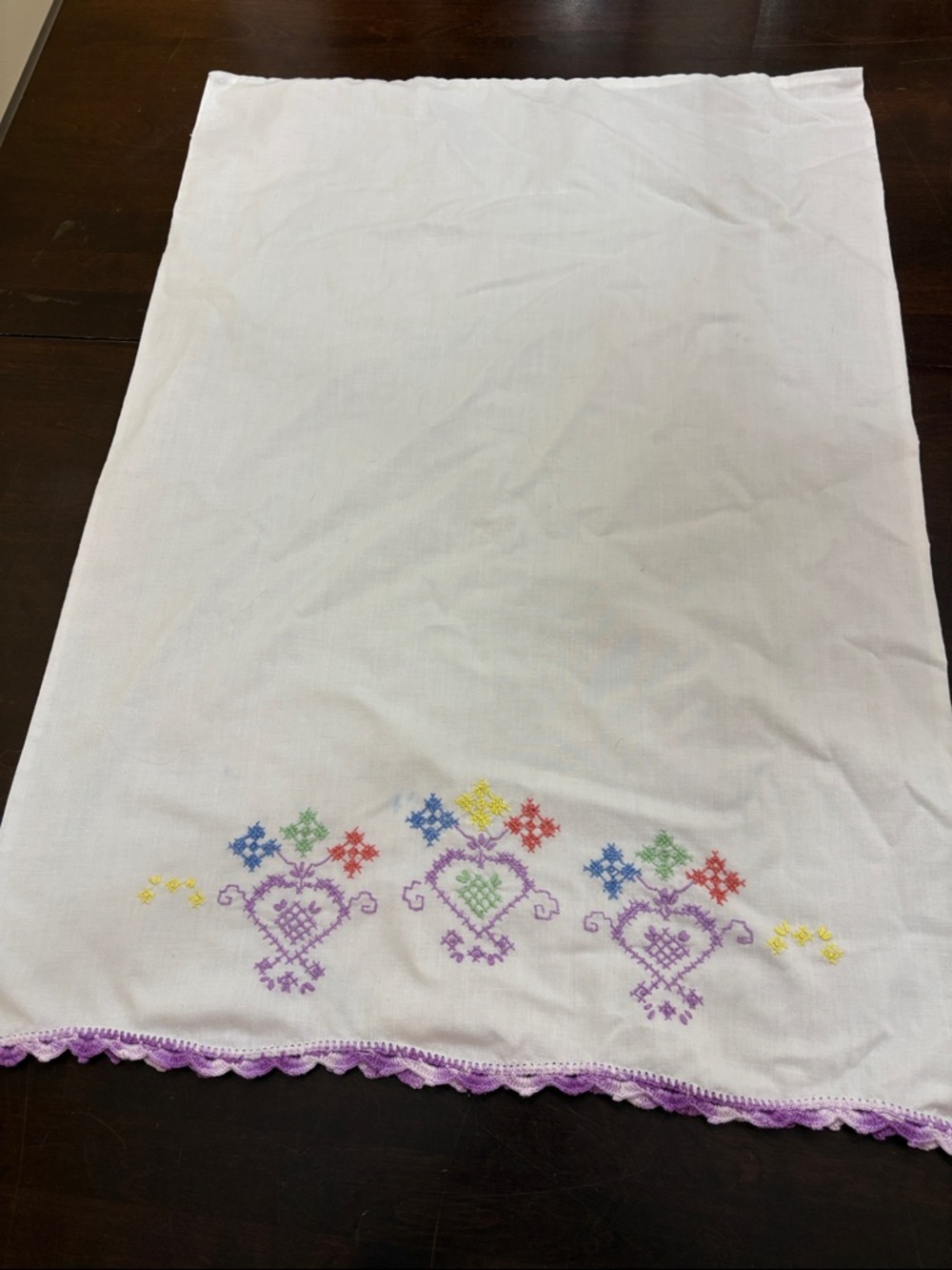 Cross stitch White Pillowcase with Pastel Heart Motif